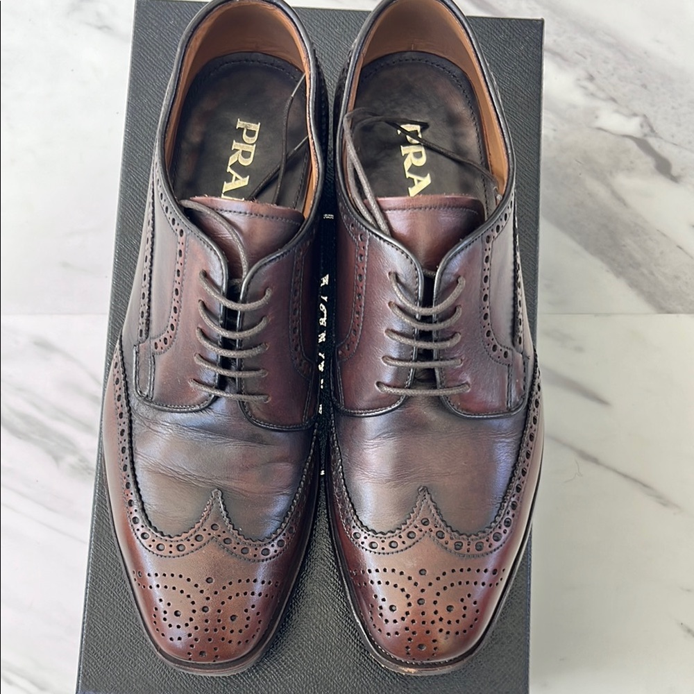 Prada Brown Leather Oxford Shoes with Brogue Detailing - Picture 2 of 6